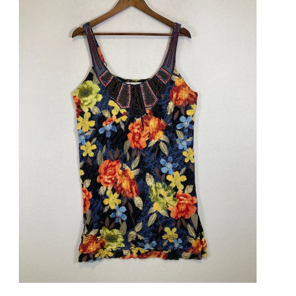 Boho Floral American Rag Women 2X Navy Blue Beaded Neckline Ruffle Hem Cami Top